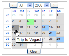 Epoch Prime AJAX JavaScript Calendar supports special dates and HTML in calendar cells